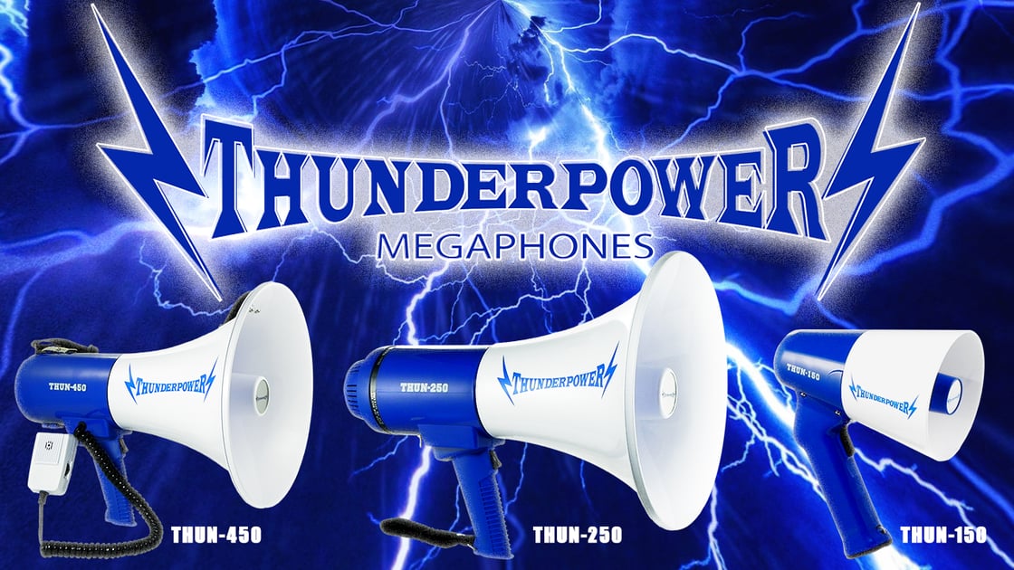 A THUN-450, THUN-250, and THUN-120 megaphone are displayed in front of blue lightning and the ThunderPower logo.